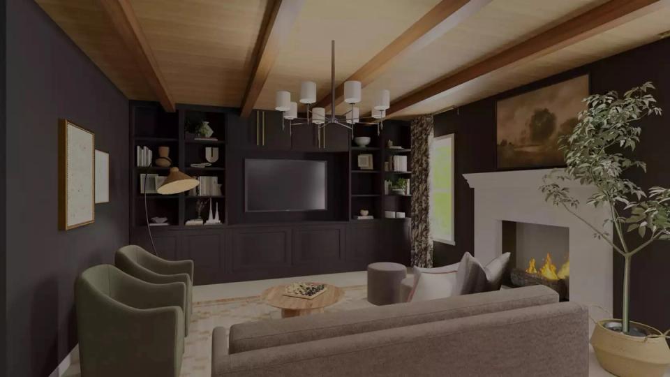 Moody entertainment space with dark walls, exposed wood beams, fireplace, and rich neutral tones