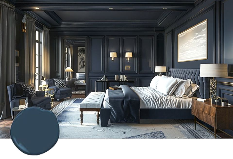 Luxurious navy primary bedroom with coffered ceiling, paneled walls, warm brass accents, and layered bedding creating an intimate, high-end sanctuary