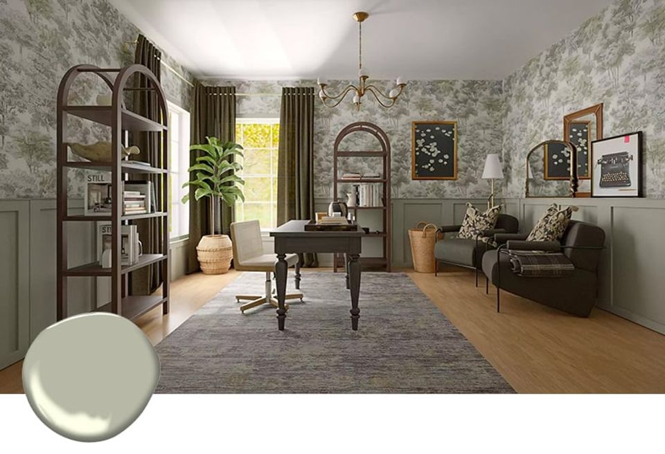 Soft sage green study with vintage botanical wallpaper, arched mirrors, and warm wood tones creating refined transitional elegance