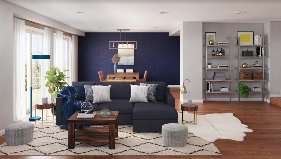 Modern living room with deep navy accent wall, warm wood tones, navy sofa, and neutral geometric rug creating sophisticated contrast.