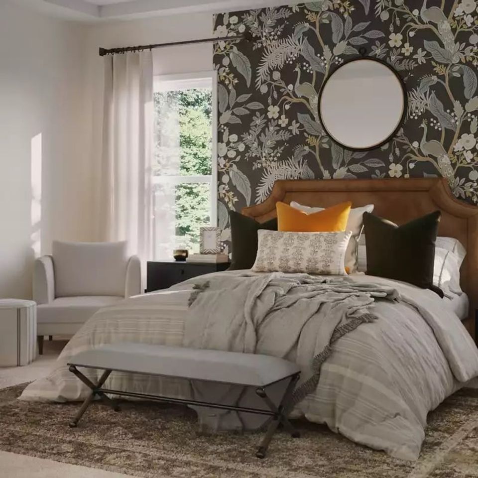Botanical bedroom retreat pairing dark floral wallpaper accent wall with warm wood bed, neutral bedding, and soft natural light.