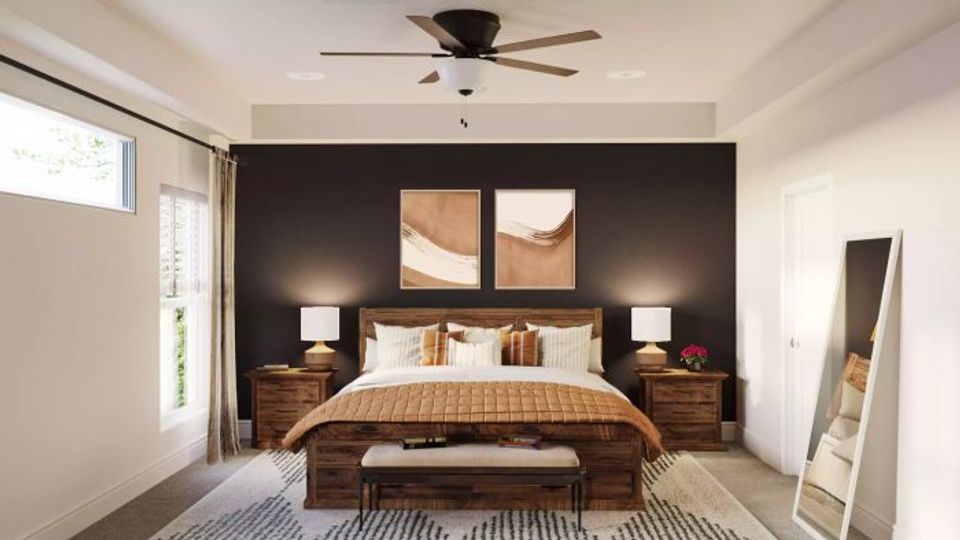 Warm contemporary bedroom with matte black accent wall, natural wood bed frame, and warm metallics balancing dark design