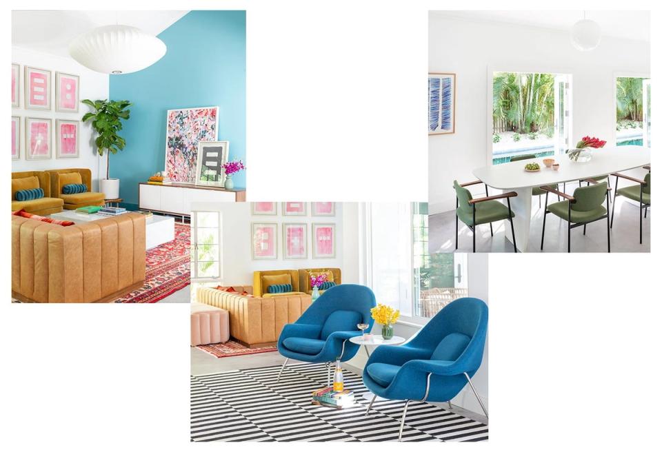Vibrant color palette showcasing turquoise, coral, and mustard accents with modern furniture and patterned textiles