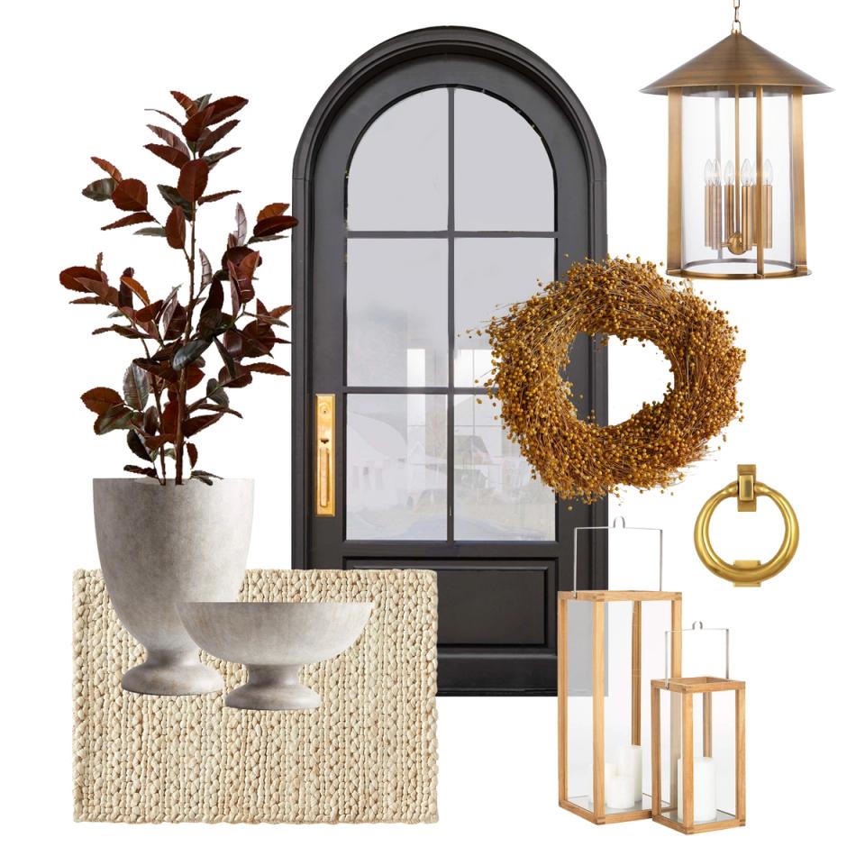 Contemporary entryway featuring black arched door, golden wreath, warm metallics, and neutral minimalist styling