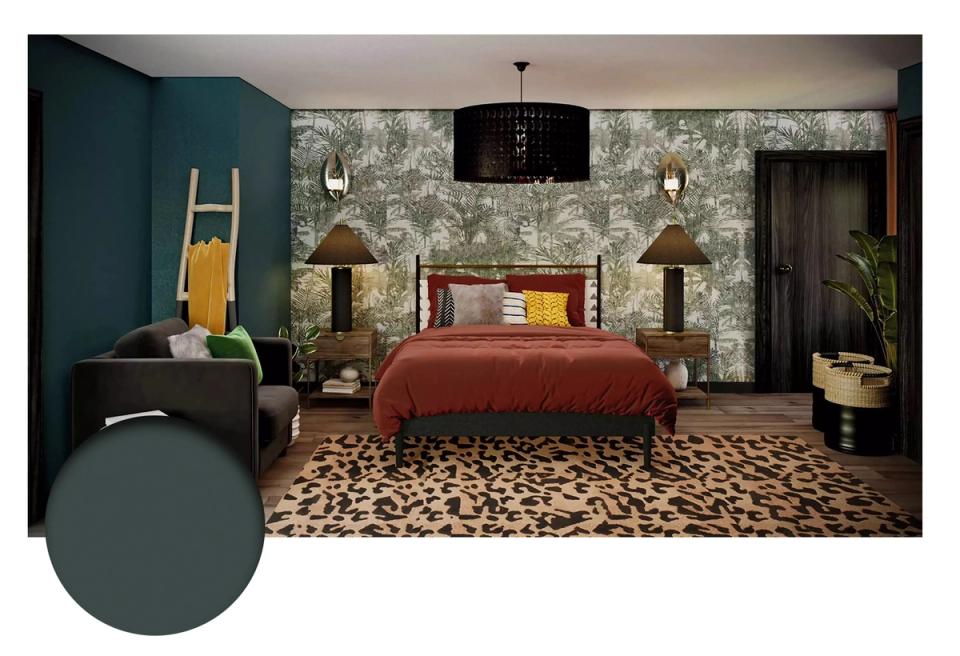 Eclectic bedroom blending jewel-tone teal walls, botanical wallpaper, terracotta bedding, and leopard print rug for a bold, luxe aesthetic
