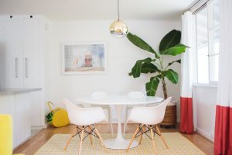 Contemporary dining nook with white round table, natural light, tropical plant, and colorful accents