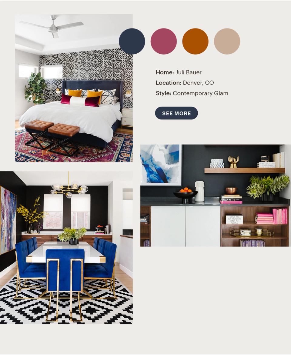 Contemporary glam palette featuring deep navy, jewel-tone burgundy, and burnt orange against crisp whites with bold geometric patterns.