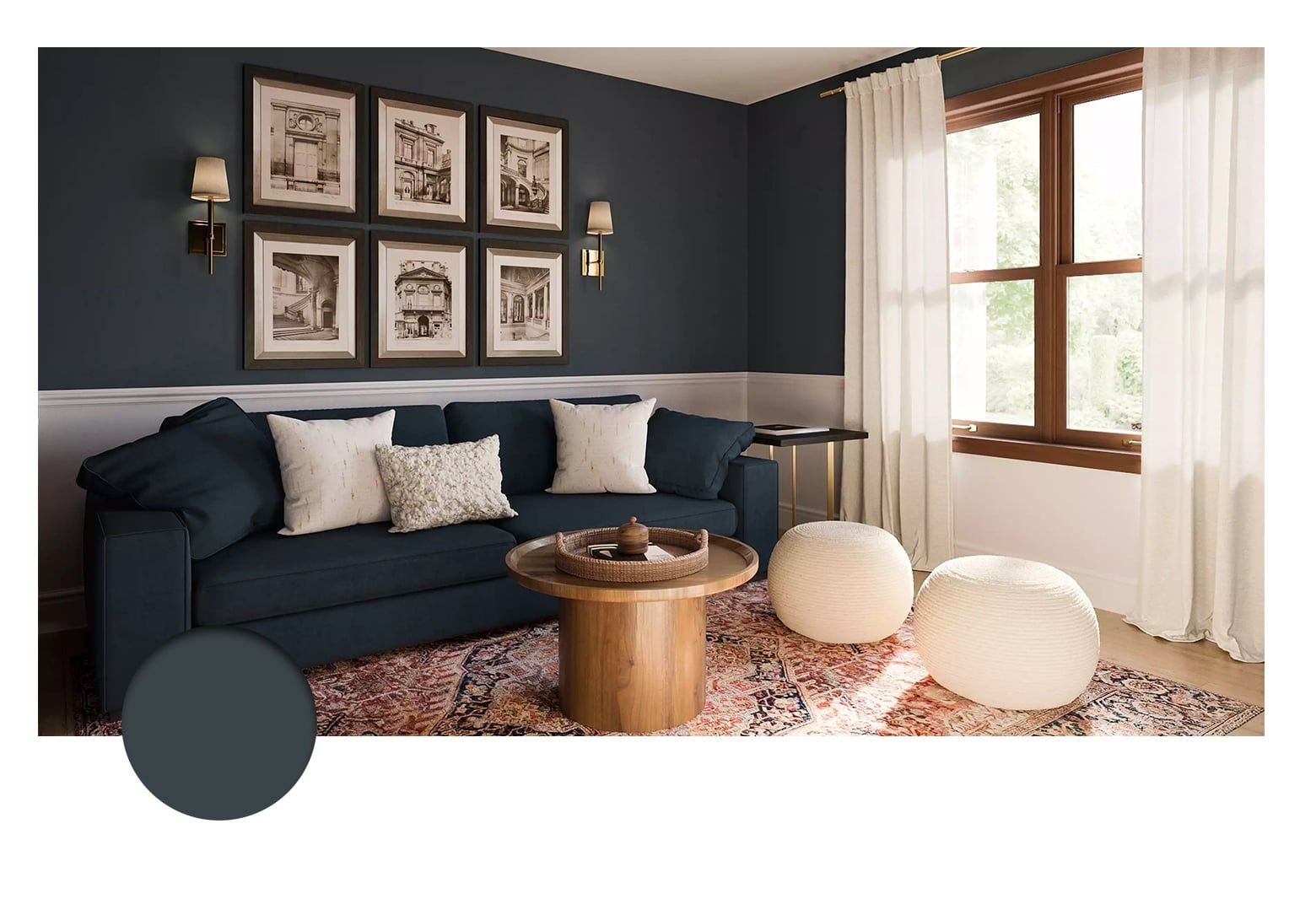 Navy blue living room with dark walls, cream seating, geometric wall art, and warm wood coffee table creating classic elegant space