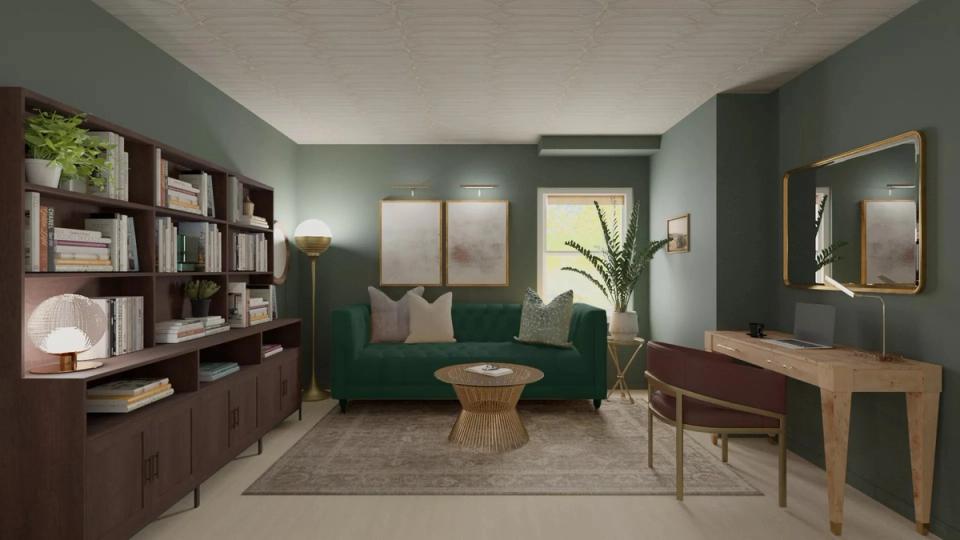 Sage green library-inspired room with rich wood shelving, jewel tones, and intellectual warmth