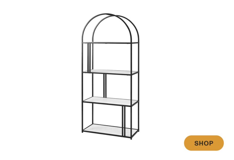 Industrial metal arched shelving unit with clean lines and open storage design