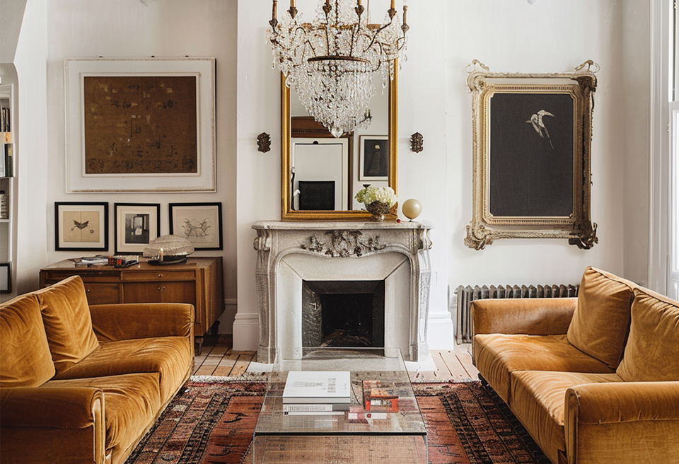 Regency-inspired living room with symmetrical golden velvet seating, ornate crystal chandelier, and classical artwork in gold frames against white walls.