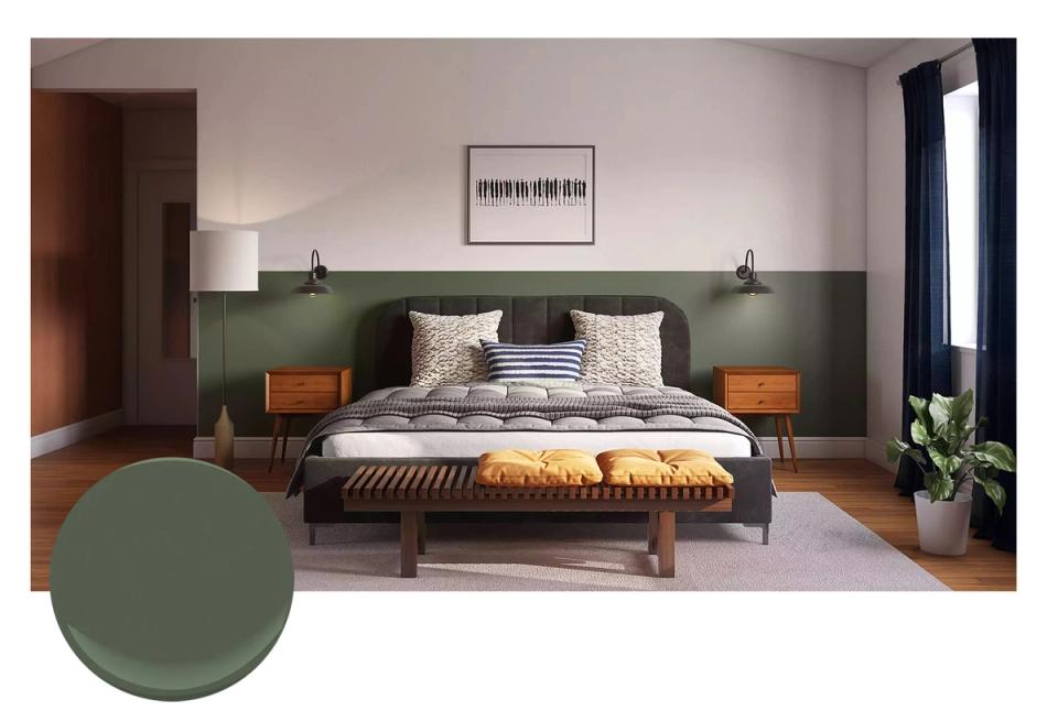Modern bedroom with soft sage green accent wall, warm wood nightstands, neutral bedding, and natural light creating a calm, balanced retreat