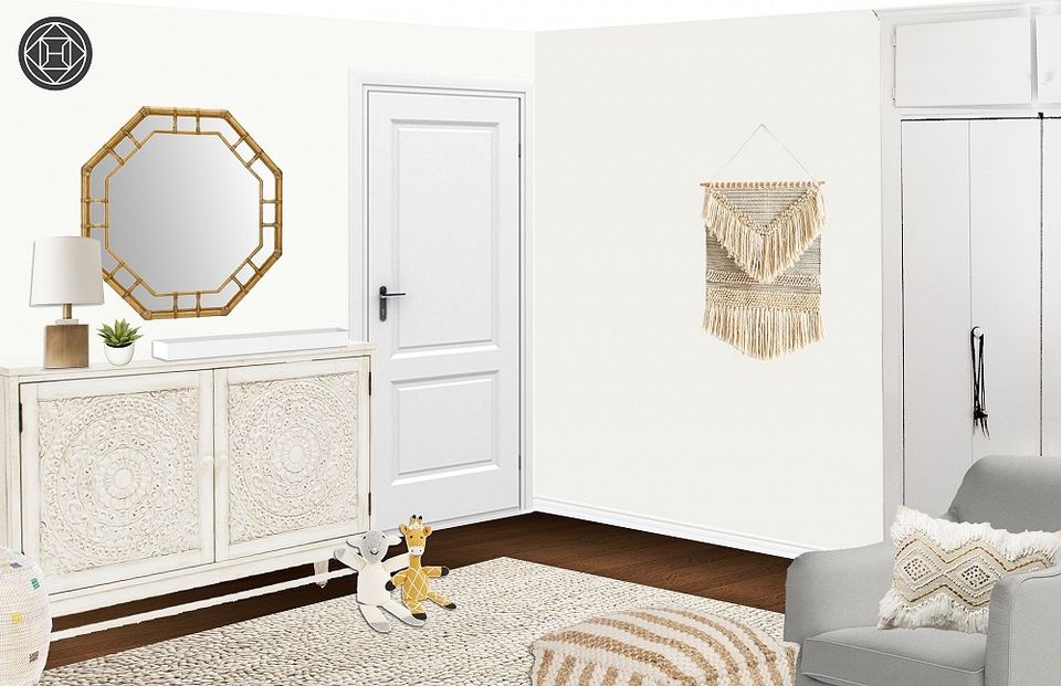 Scandinavian-inspired nursery with light wood dresser, octagonal mirror, neutral tones, and boho wall hanging.