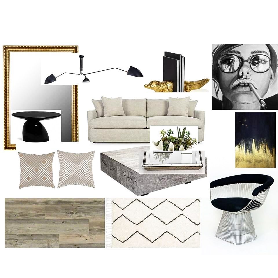Mood board showcasing edgy-glam aesthetic with cream furniture, black accents, and gold details