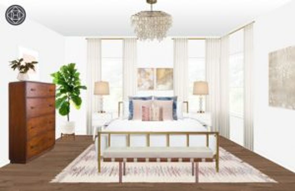 Midcentury bedroom with brass bed, wooden dresser, woven chandelier, and soft neutral tones