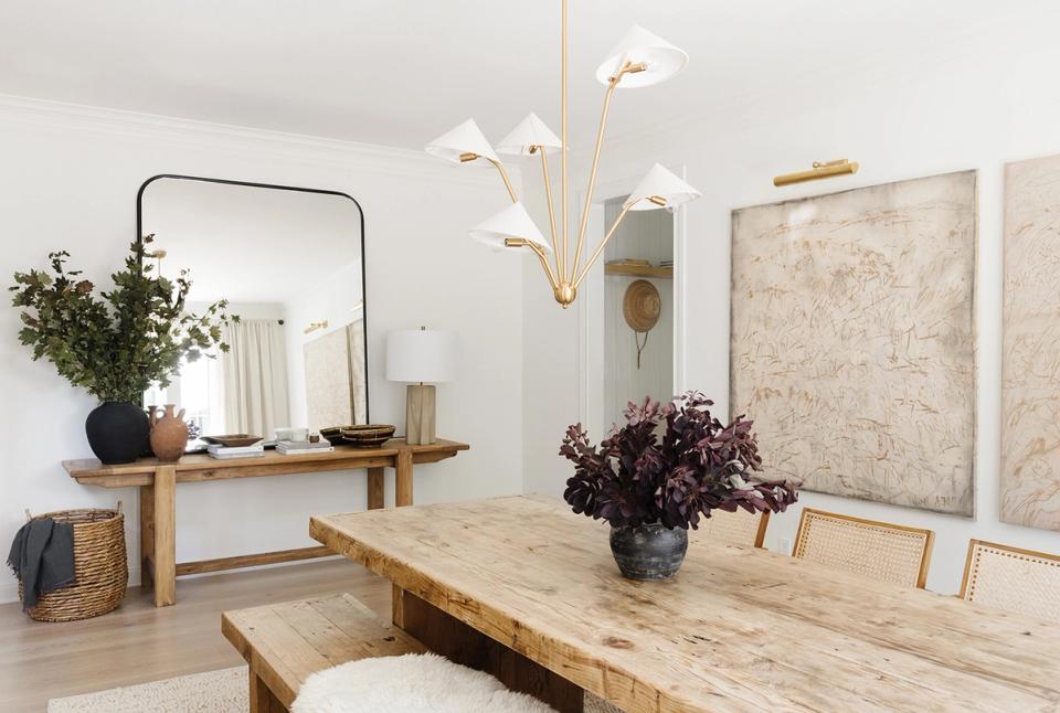 Serene Scandinavian workspace with natural wood, minimalist decor, and organic greenery