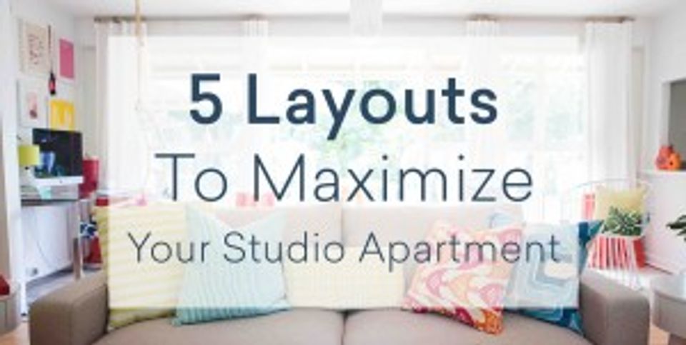 Bright studio apartment layout guide showcasing multiple furniture arrangement options