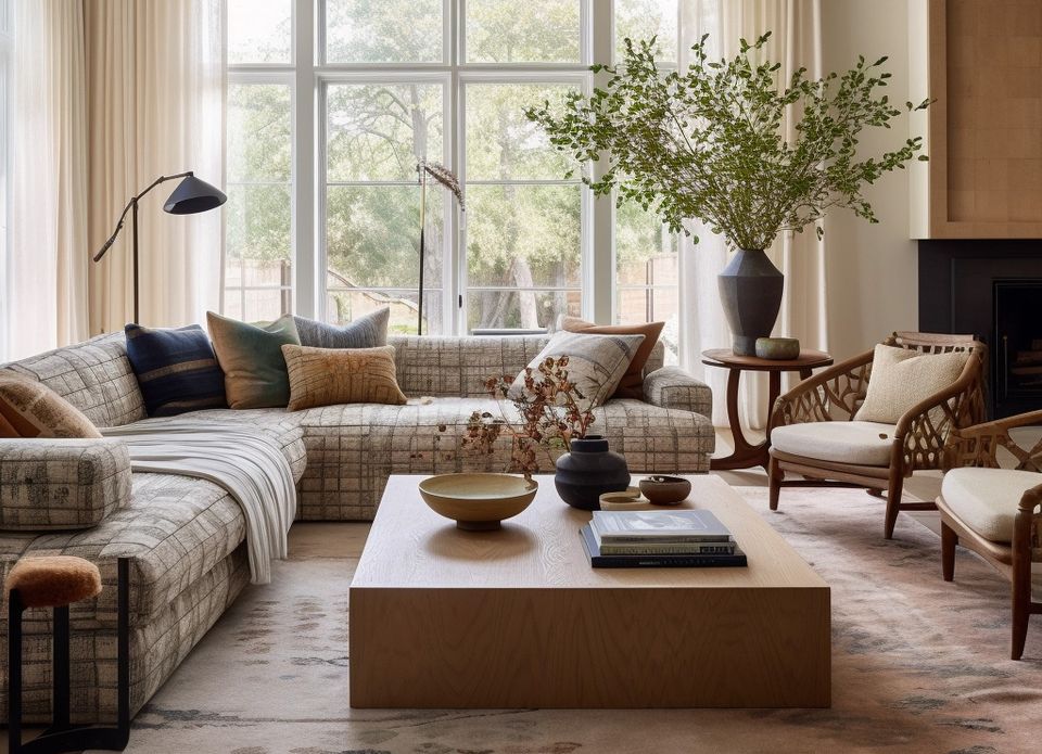Warm contemporary living room with plaid sectional, natural light, and earthy tones