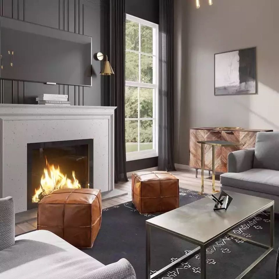 Contemporary living room with black accent wall, fireplace, cognac leather poufs, and warm industrial lighting