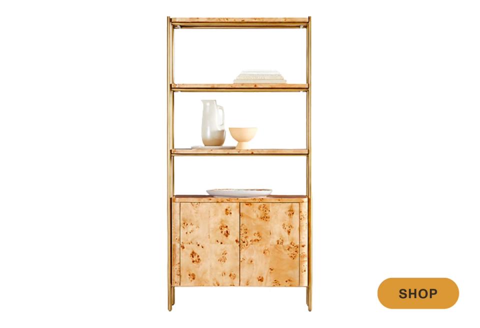 Mid-century shelving unit with brass frame and burled wood cabinet doors