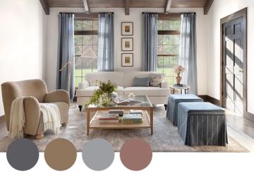 Farmhouse living room with warm taupe, gray, and dusty rose palette, natural wood coffee table, and linen upholstery