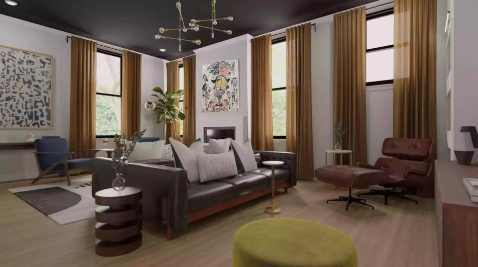 Dark academia living room with charcoal walls, brass accents, layered textures, and warm tan drapery