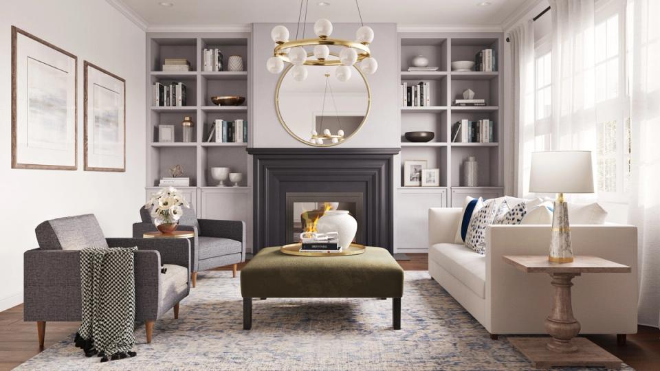 Modern neutral reading room with charcoal fireplace, built-in shelving, and minimalist palette