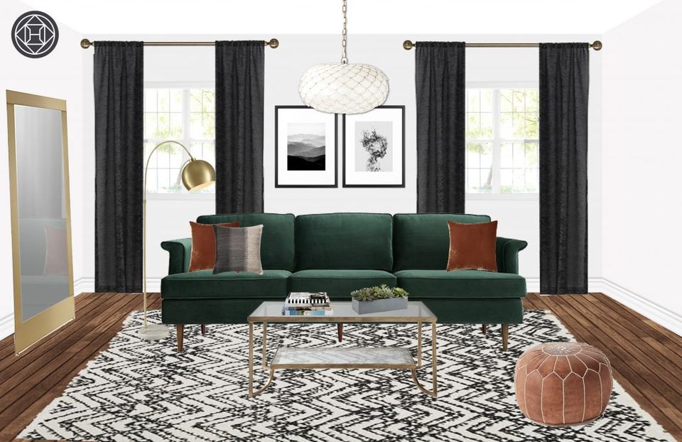 Dark hygge aesthetic with forest green sofa, charcoal curtains, warm wood tones, and terracotta accents