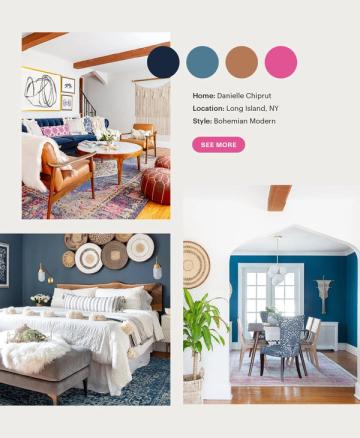 Bohemian modern scheme blending navy, terracotta, and magenta with eclectic wooden furnishings and global textiles