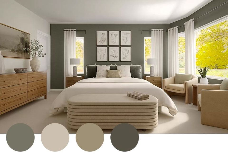 Serene earth-tone bedroom with soft sage walls, natural wood furniture, and warm neutral palette creating a peaceful, light-filled retreat