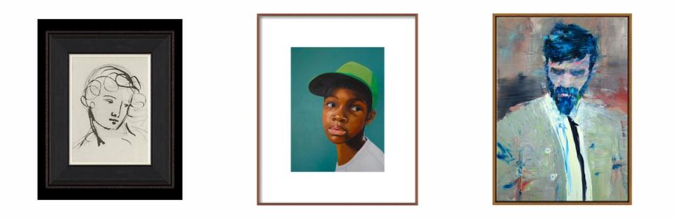 Three diverse portraits in varied frames: black, white, and brown matting with different artwork styles