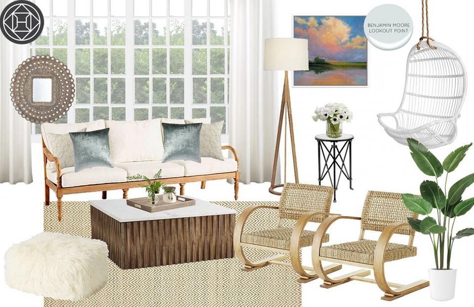 Coastal-inspired sunroom design board featuring rattan furniture, natural wood, and airy cream tones