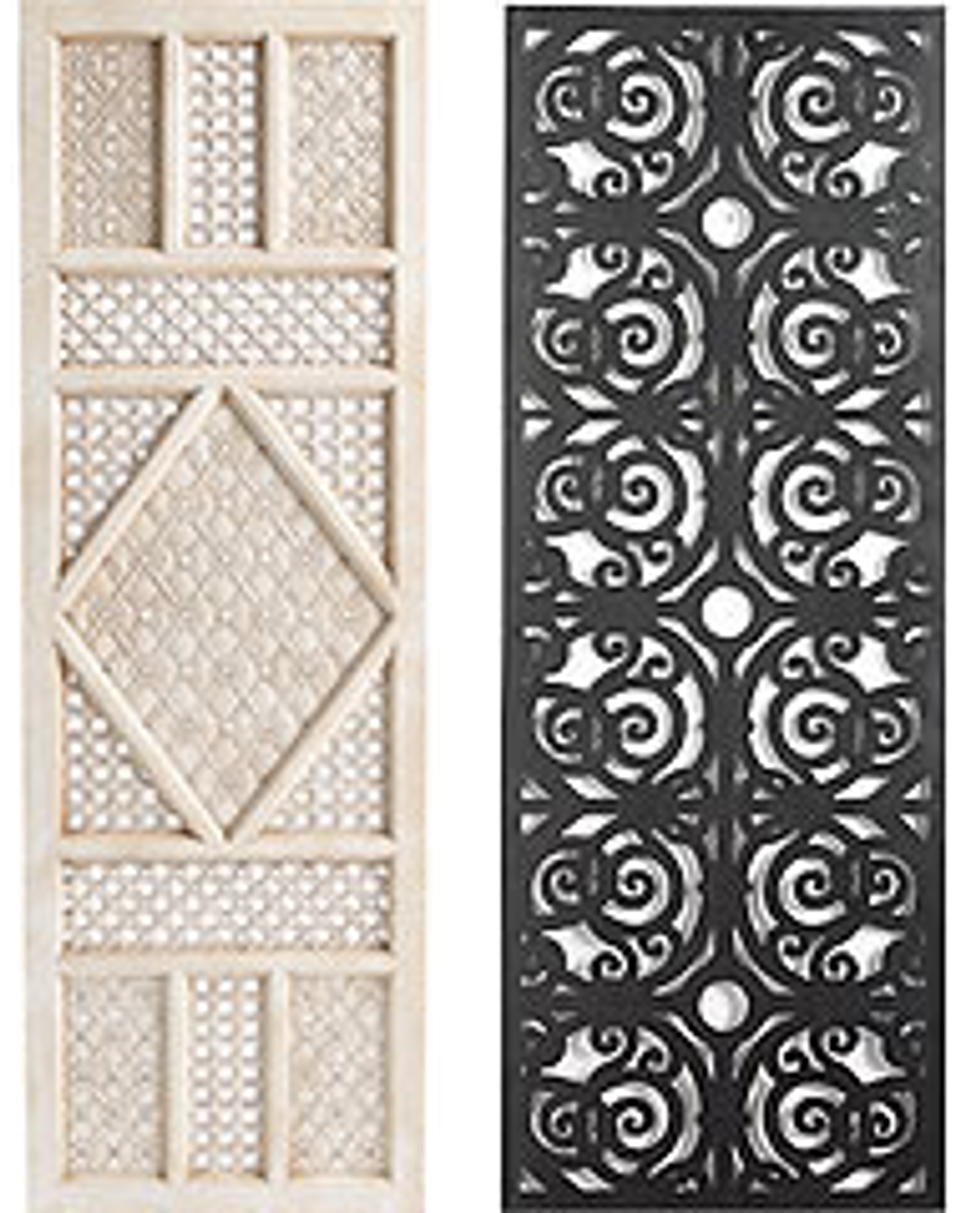 Natural wood lattice panel and ornate black metal screen showing decorative alternatives to ceiling fixtures