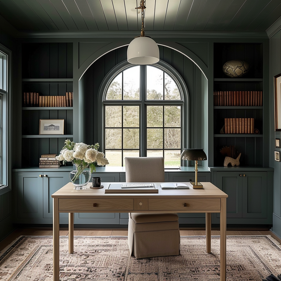 Dark green home office with arched window, wood desk, and built-in shelving