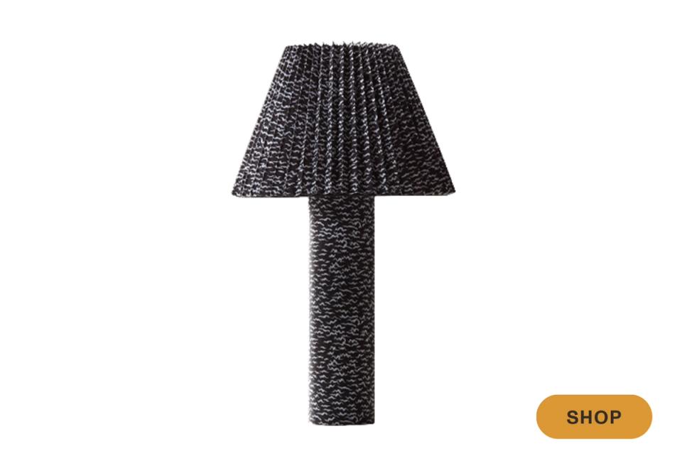 Contemporary charcoal woven shade with cylindrical base, textured modern design