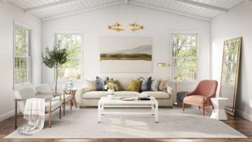 Serene traditional living room in soft neutrals with natural light, contemporary art, and elegant vintage-inspired furniture