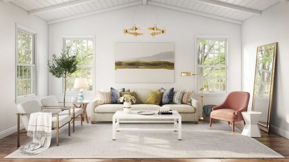 Serene traditional living room in soft neutrals with natural light, contemporary art, and elegant vintage-inspired furniture