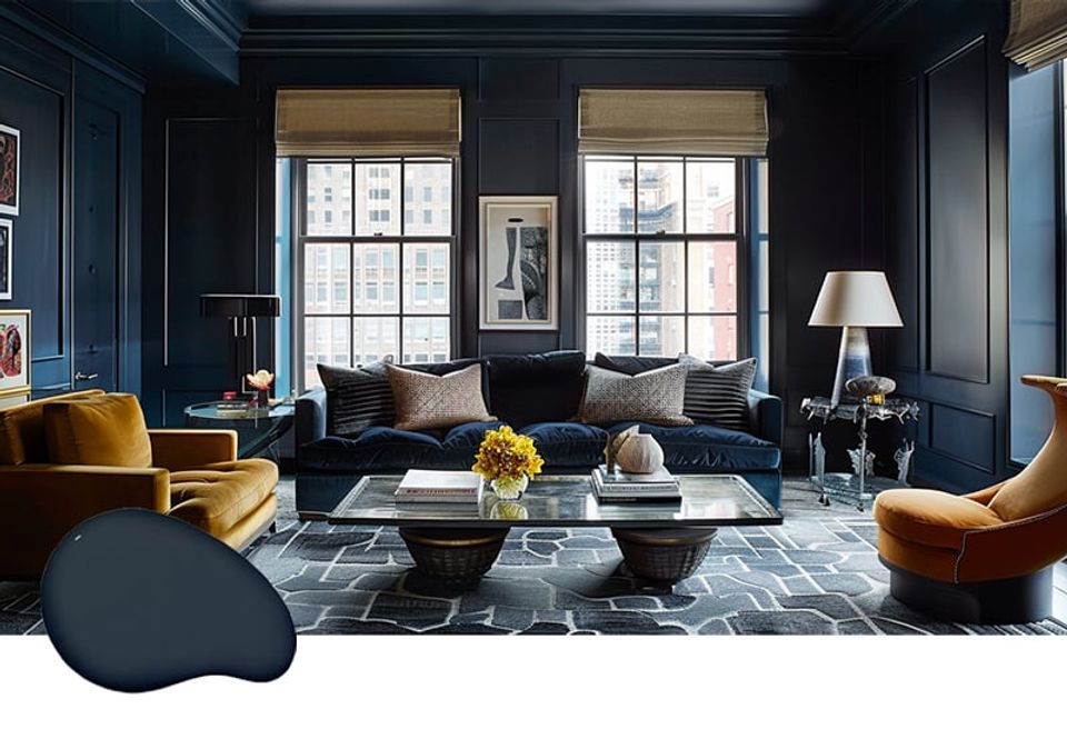 Transitional sitting room in deep navy with golden accent chairs, geometric area rug, and window seating offering sophisticated warmth and contrast