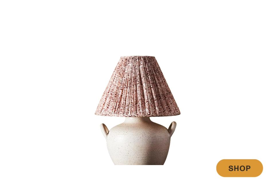 Organic ceramic vessel base with textured blush pleated shade, earthy boho style