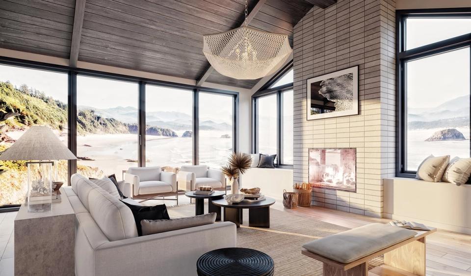 Modern coastal living room with neutral palette, floor-to-ceiling windows, and warm wood accents creating serene waterfront ambiance