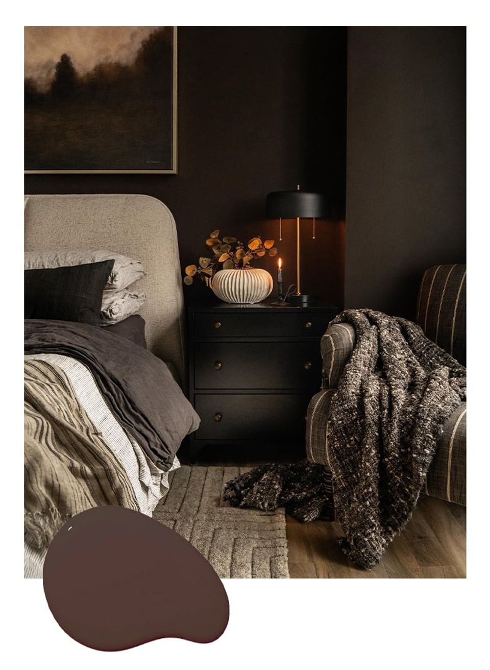 Moody bedroom with rich chocolate brown walls, cream upholstered headboard, and cozy layered textiles creating intimate, sophisticated atmosphere.