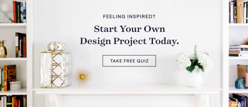 Bright entryway with bookshelves and design inspiration text overlay