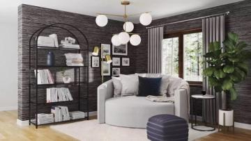 Modern living space with textured black brick accent wall, cream upholstered seating, and curated gallery for contemporary edge