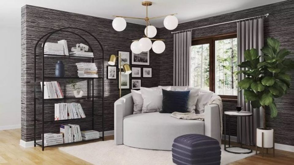 Modern living space with textured black brick accent wall, cream upholstered seating, and curated gallery for contemporary edge