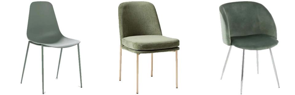 Three contemporary sage green dining chairs in varied styles with metal and upholstered details.