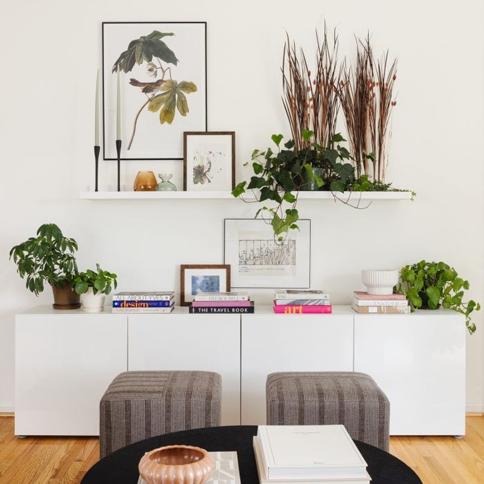 Curated white storage with layered plants, botanical art, and colorful book accents for modern minimalism
