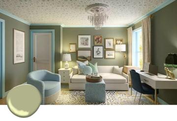Contemporary living room in soft sage green with cream sofa, blue accent chair, and gallery wall showcasing a fresh, sophisticated palette