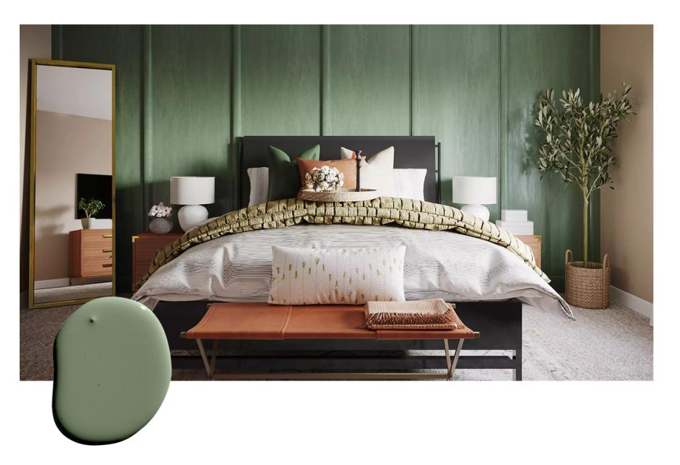 Contemporary bedroom featuring deep forest green paneled walls, black frame bed, and natural textures creating moody, sophisticated sanctuary