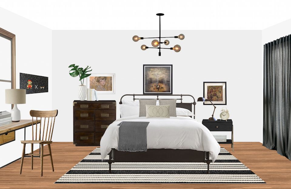 Contemporary bedroom blending industrial metal bed, mid-century furniture, and geometric patterns in neutral tones.