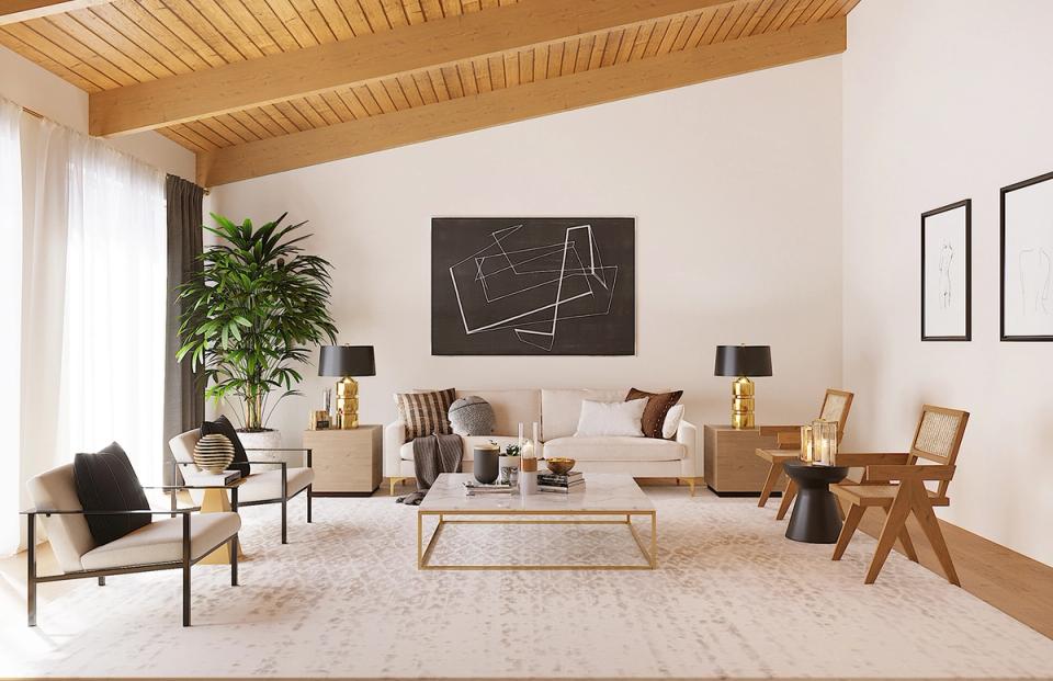 Mid-century modern living room with warm wood ceiling, natural palette, and clean-lined furniture